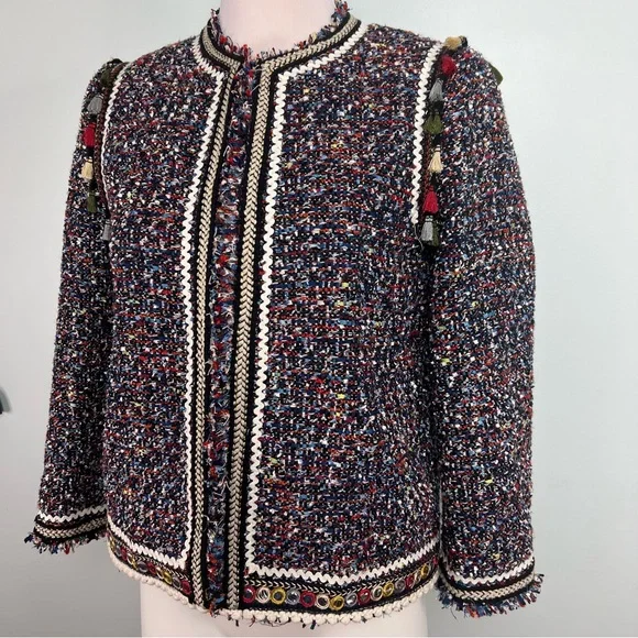 Zara Woman Tweed Blazer Jacket Small Multicolor Parisian Chic Tassel Fringe Pom - Picture 2 of 15